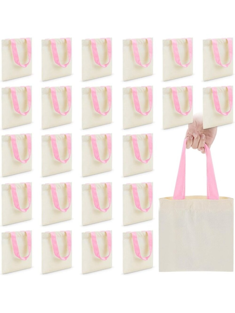 24 Pcs Mini Canvas Tote Bags - 10x10 Inch Natural with Pink Handles, Perfect for
